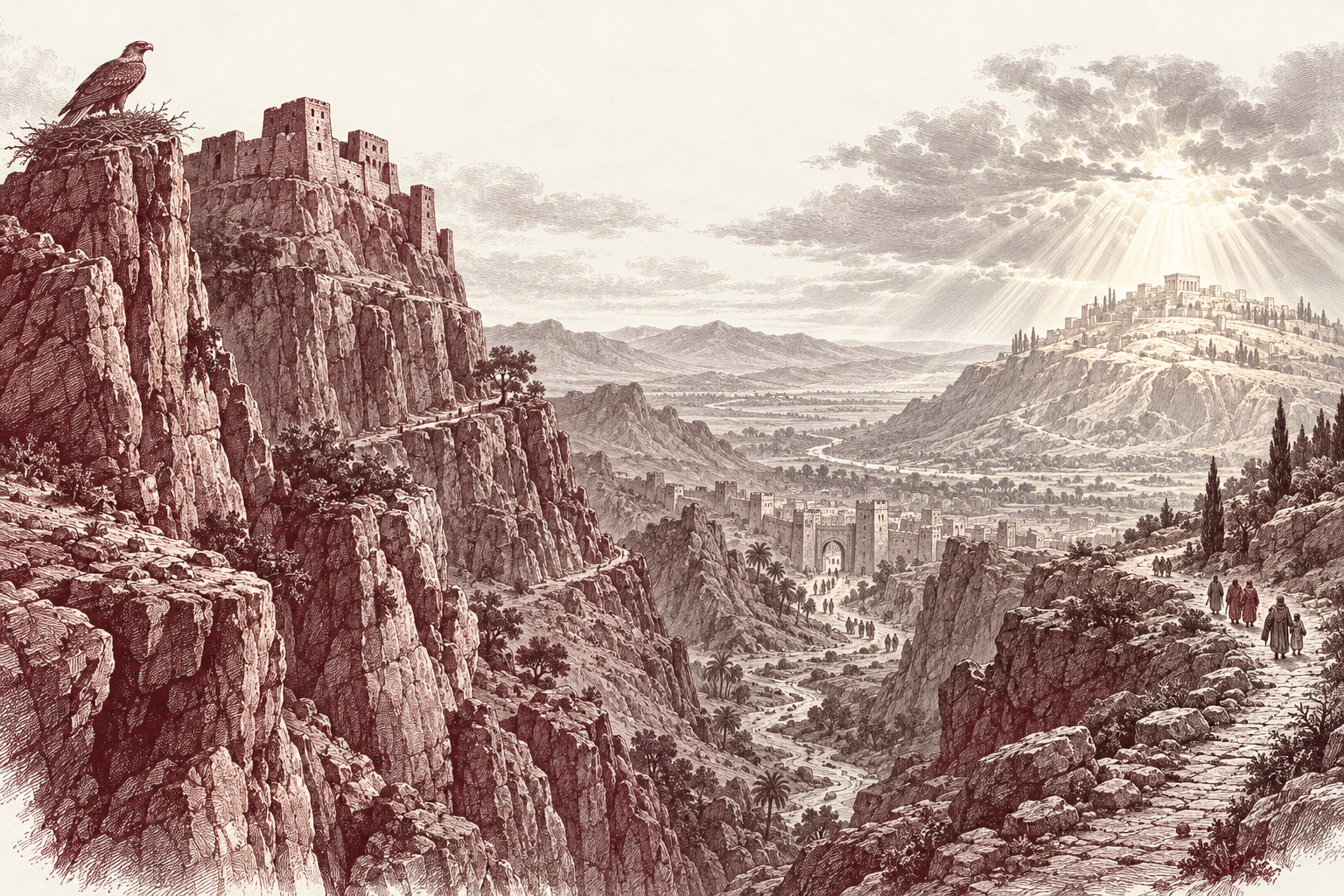 Symbolic engraving of Edom’s rocky heights, a valley, and light over Mount Zion